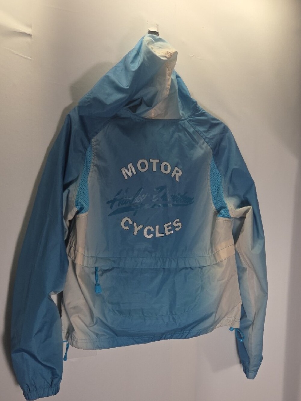 Harley-Davidson Y2K womens Ombre Light Blue and White Hooded Rain Jacket Size L - Picture 2 of 5